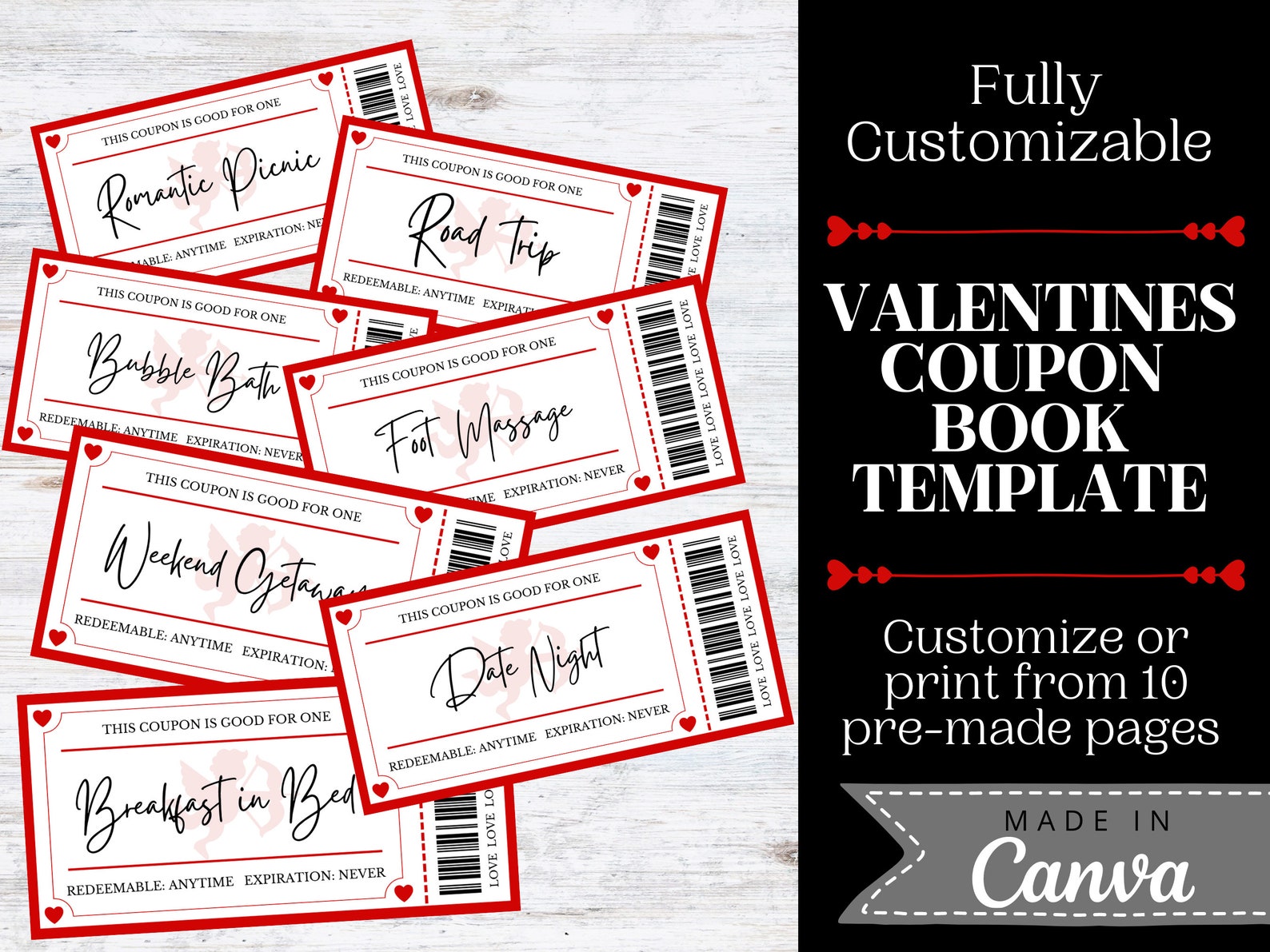Couples Coupon Book, Love Coupons Template, Editable Canva Template