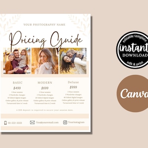 Photography Pricing Template for Canva, Photography Pricing Sheet, Photography sell sheet, Printable pricing sheet, Photoshoot pricing list