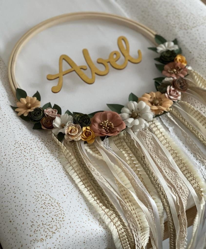 Attrape-Rêves Prénom en Bois - Tons Moutarde Marron, Vert