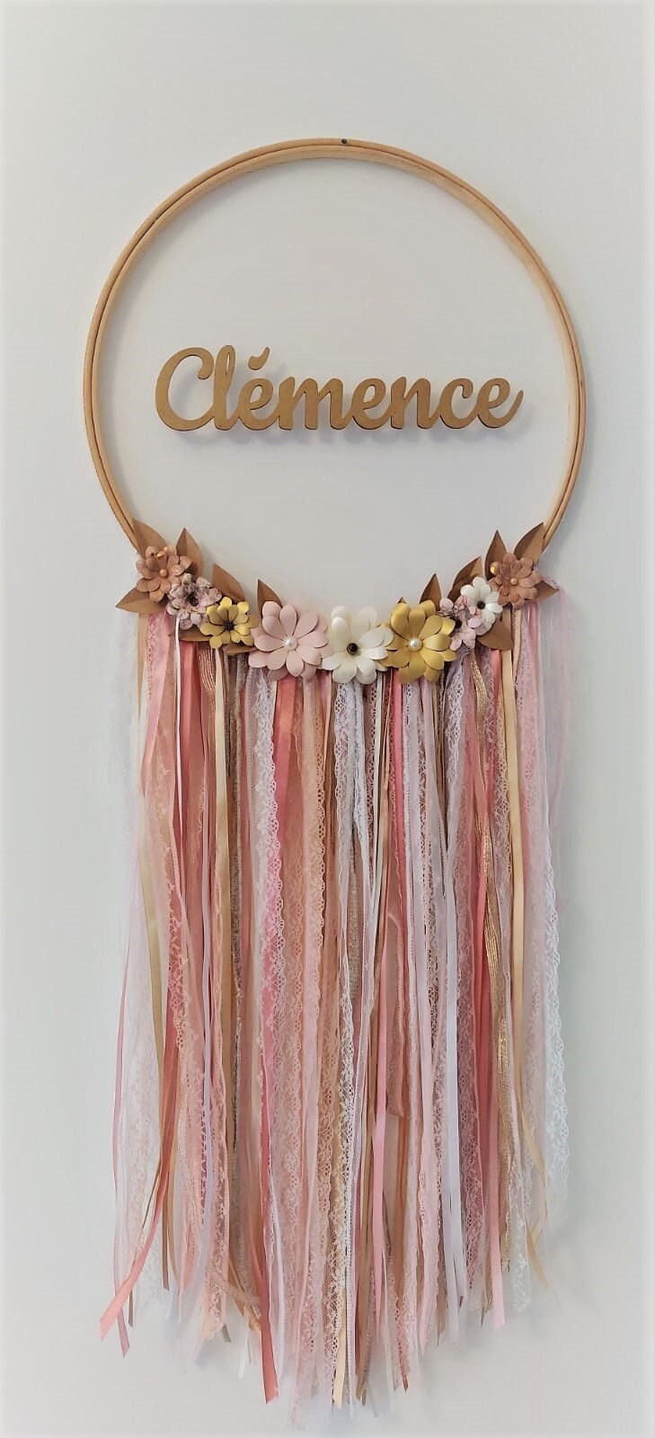 Attrape-Rêve Prénom en Bois - Tons Roses, Blancs et Dorés