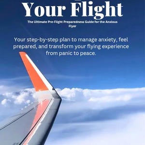 Puede incluir: Portada de libro con el título "Conquer Your Flight" en letras blancas grandes sobre un fondo de cielo azul. La imagen incluye un ala de avión con una punta naranja y blanca, y el texto "The Ultimate Pre-Flight Preparedness Guide for the Anxious Flyer."
