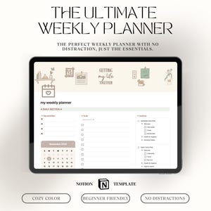 Könnte beinhalten: Eine digitale Wochenplaner-Vorlage auf einem Laptop-Bildschirm. Die Vorlage ist so konzipiert, dass sie einfach und benutzerfreundlich ist, mit einem Kalender, einer täglichen To-Do-Liste und Abschnitten für Routinen und Notizen. Die Vorlage trägt den Titel "my weekly planner" und zeichnet sich durch ein minimalistisches Design mit einer gemütlichen Farbpalette aus.