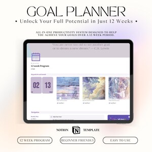 Könnte beinhalten: Ein Screenshot eines Computerbildschirms, der eine Zielplaner-Vorlage zeigt. Die Vorlage soll Benutzern helfen, ihre Ziele über einen Zeitraum von 12 Wochen zu erreichen. Die Vorlage ist benutzerfreundlich und einfach zu bedienen. Die Vorlage ist auf Notion verfügbar.