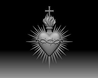 May include: A monochromatic gray 3D rendering of a Sacred Heart emblem. The central heart is encircled by a crown of thorns, topped with a flame and a cross, and surrounded by radiating sunburst rays against a dark, gradient background.