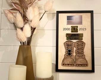 Personalized Military Shadow Box | Custom Army Boot Display with Name, Years of Service & Dog Tags | Veteran or Active-Duty Gift