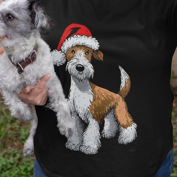 Wire Haired Fox Terrier Christmas T-Shirt - Various Colours and Sizes - WHFT - WFT - Xmas - Holiday - Santas Hat - Cute Dog Puppy