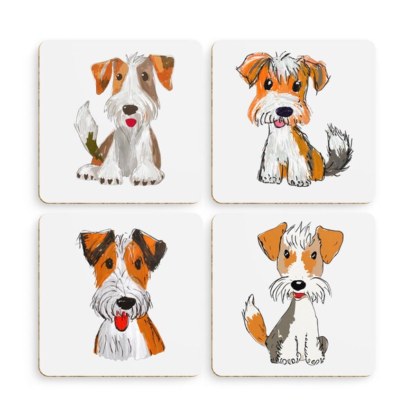 Wire Haired Fox Terrier - Pack of 4 Coasters - Drawing - Watercolour - WHFT WFT Dog Lover Gift Present Birthday Arty