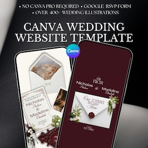 Peut inclure: Maquette de site web de mariage numérique affichée sur smartphone et tablette. Le design présente des éléments d'invitation de mariage, notamment des accents floraux, des enveloppes et les noms "Nicholas & Madeline Elizabeth". Le modèle est pour Canva.