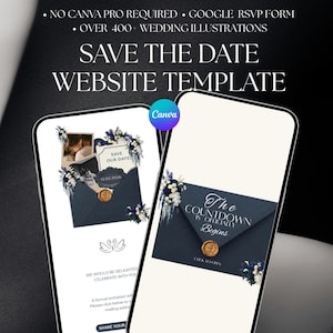Peut inclure: Deux smartphones affichant un modèle de site web de mariage. Les écrans présentent un design d'enveloppe bleu marine avec des accents floraux et le texte "Save the Date" et "The Countdown is Officially Begins". Le logo Canva est visible.