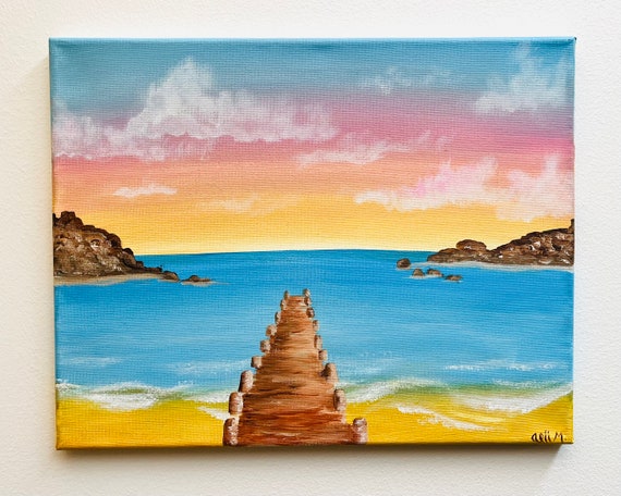 Acrylic Painting peaceful Pier Ocean Island Art Beach W/ Sand and Sea,  Waves Fishing Boat Ship Art 
