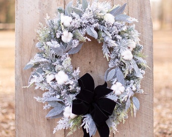 Large Flocked Winter Wreath, Oval Winter Wreath, Flocked Greenery Winter Wreath, Winter Cotton Wreath