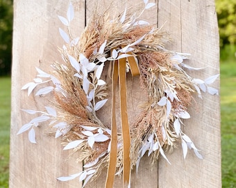 Neutral Fall Boho Wreath for Front Door, Neutral Modern Farmhouse Wall Decor, Autumn Beige Boho Wreath