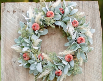 Fall Lambs Ear and Pumpkin Wreath, Autumn Lamb’s Ear for for Front Door, Fall Door Decor, Autumn Pumpkin Wreath
