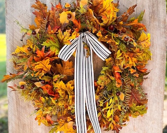 Fall Leaves Foliage Wreath for Front Door, Orange Fall Foliage Wreath, Autumn Housewarming Gift, Fall Entryway Decor, Bright Fall Wreath