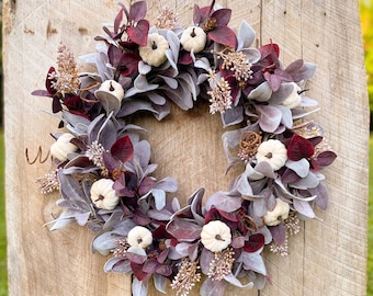 Fall Lambs Ear Wreath with Pumpkins, Burgundy Fall Wreath, Fall Farmhouse Wreath with Lamb’s Ear, Housewarming Gift,