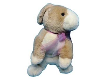 Lapin en peluche vintage du Commonwealth : lapin beige avec noeud rose (1999)