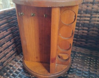 Especiero giratorio de madera redondo vintage con ganchos, hecho a mano