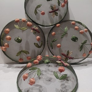 May include: Four round, white mesh food covers with green trim and pink flower accents. Each cover features a small dragonfly design.