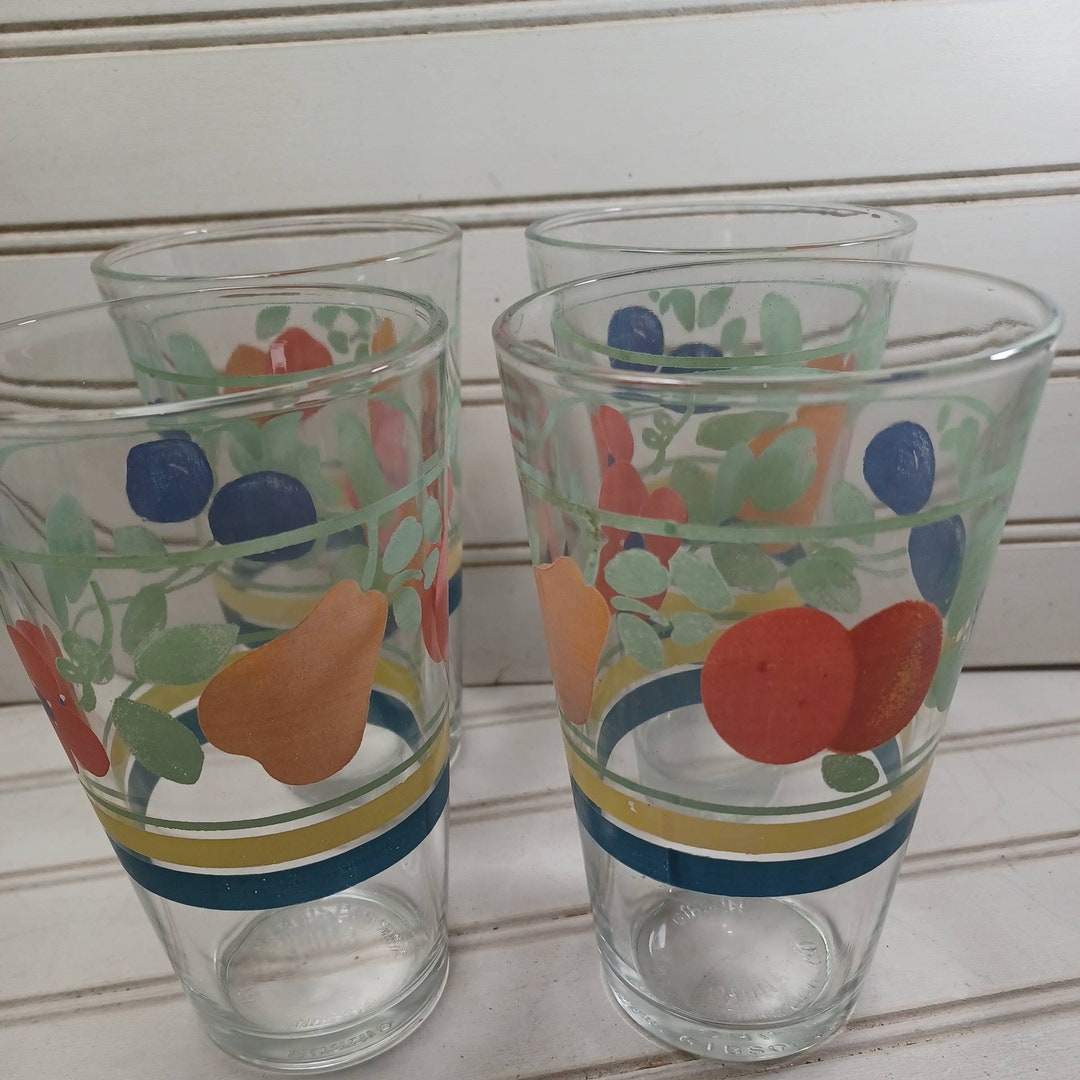Vintage RARE Gibson Fruit Drinking Glasses Fruit and Floral W/stripes
