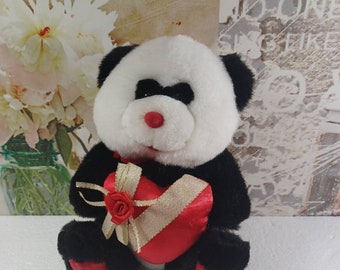 Vintage Valentine Plush Panda Bear Heart Nose and Bow Stuffed Animal goffa 9". Condition is pre-owned in good condition please remember not