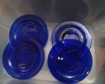 4 vintage Cobalt Blue Glass Rimmed Salad Plates 8" lunch plate pre-owned in good condition but have some scratches please look at picture (5