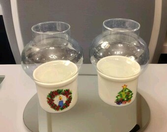 2 Vintage Candle Holder Christmas Holly Porcelain Mini Hurricane Lamp Set