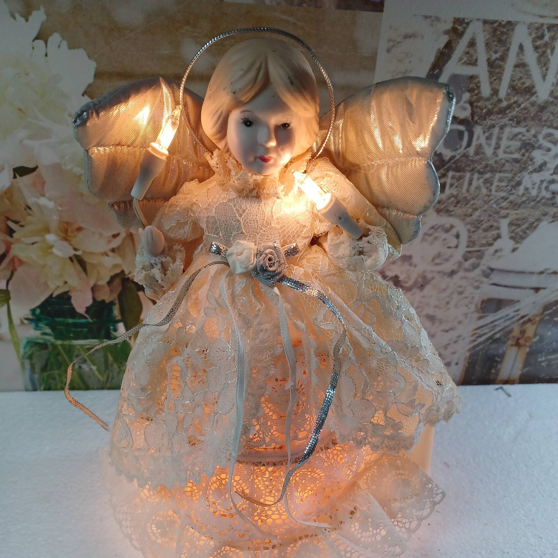 Vintage Angel Tree Topper Porcelain Head Hands Lights Works Etsy