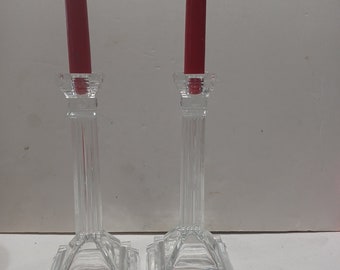 Candlestick  Holders Vintage Clear Glass Column 10" H  4 3/8"  Mother's Day Gift