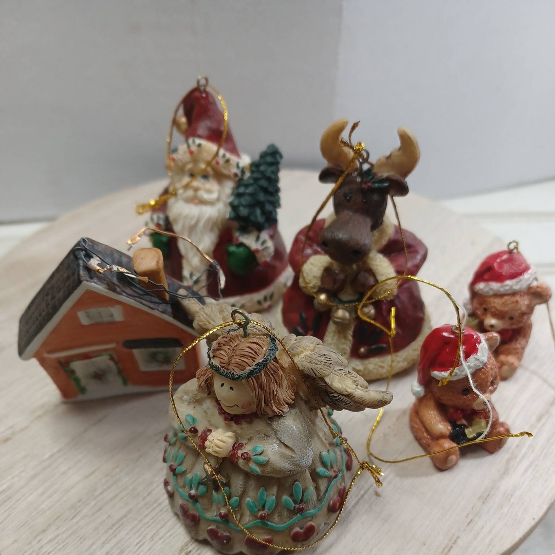 Lot De 6 Décorations De Noël Anciennes En Bois Et Tissu - Ornements Sapin Vintage