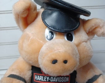 Harley Davidson MotorCycle Biker Plush Pig Doll Black Pleather Hat 10" 1998. Vintage