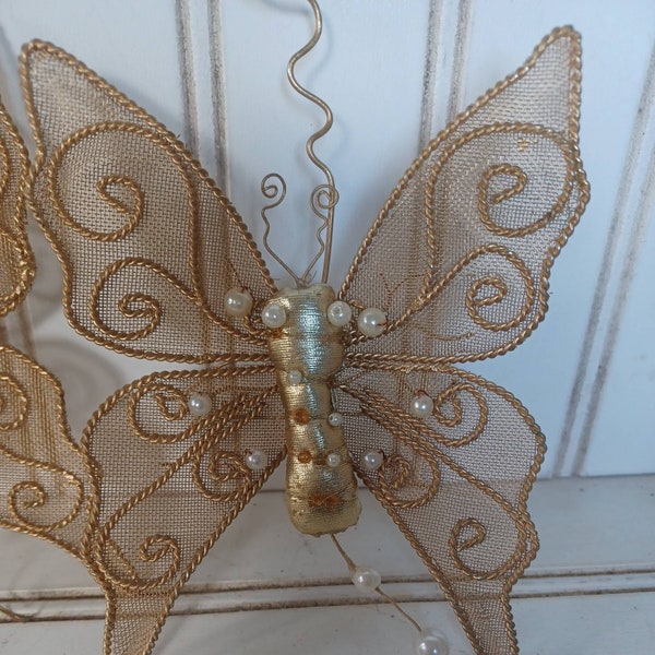 Vintage Two Gold color Butterfly Christmas Decoration Ornament Mesh Wire Pearl 6" condition is pre-owned in good condition (p-5-2)