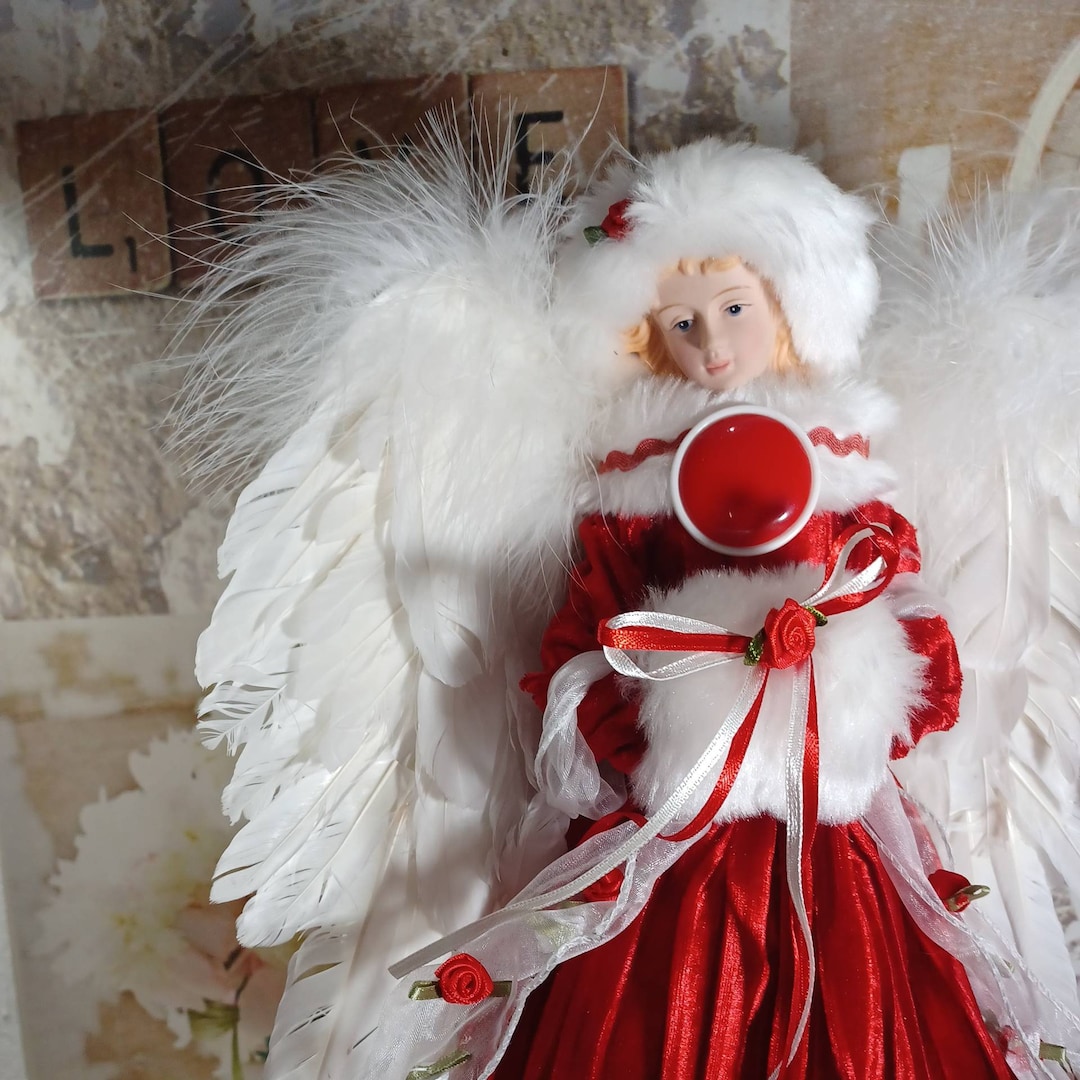 Vintage Christmas Angel Tree Topper Red With Feather Wings 15