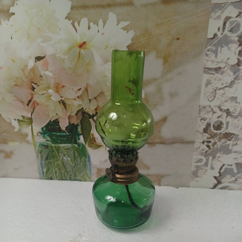 Hurricane Lamp Vintage Green Glass Oil Lamp With Green Lamp Etsy