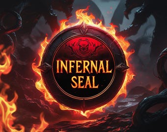 Könnte beinhalten: Ein feuriges, kreisförmiges Siegel mit den Worten "Infernal Seal" in schwarzer, gotischer Schrift. Das Siegel ist von Flammen umgeben und scheint sich in einer dunklen, bedrohlichen Umgebung zu befinden.