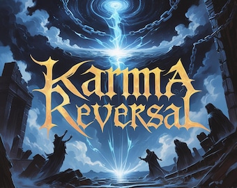 Könnte beinhalten: Ein dunkelblaues und goldenes Albumcover mit dem Titel "Karma Reversal" in einer fetten, stilisierten Schrift. Das Bild zeigt einen wirbelnden blauen Strudel am Himmel über einer trostlosen Landschaft mit Figuren im Vordergrund.