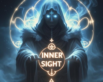 Könnte beinhalten: Eine Person mit Kapuze und leuchtend blauen Augen hält einen leuchtenden Kreis mit den Worten "INNER SIGHT" in einer dunkelblauen und goldenen Umgebung.