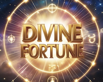 May include: A gold-colored graphic with the text "DIVINE FORTUNE" in a bold, 3D font. The text is surrounded by a circular design with a starburst effect and various symbols, including a cross, a star, and a triangle.