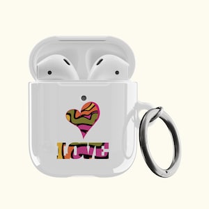 AirPods Case Psychedelic Retro Love Pattern with Heart, Protective Air Pods Pro Case, Keychain Carabiner