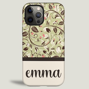 Flowers and Vines Phone Case Customize Your Name for iPhone 14, iPhone 13, iPhone 12 Pro, iPhone 11 Pro Max, Samsung Galaxy S22, Galaxy S21
