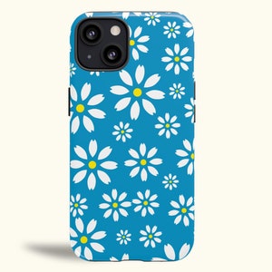 Daisy Phone Case Blue Background for iPhone 14, iPhone 13, iPhone 12 Pro, iPhone 11, iPhone X, iPhone Mini, Samsung Galaxy S22, S21 +more