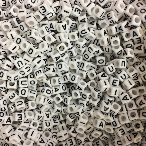 White Alphabet VOWELS ONLY 6mm Square Plastic Pony Beads