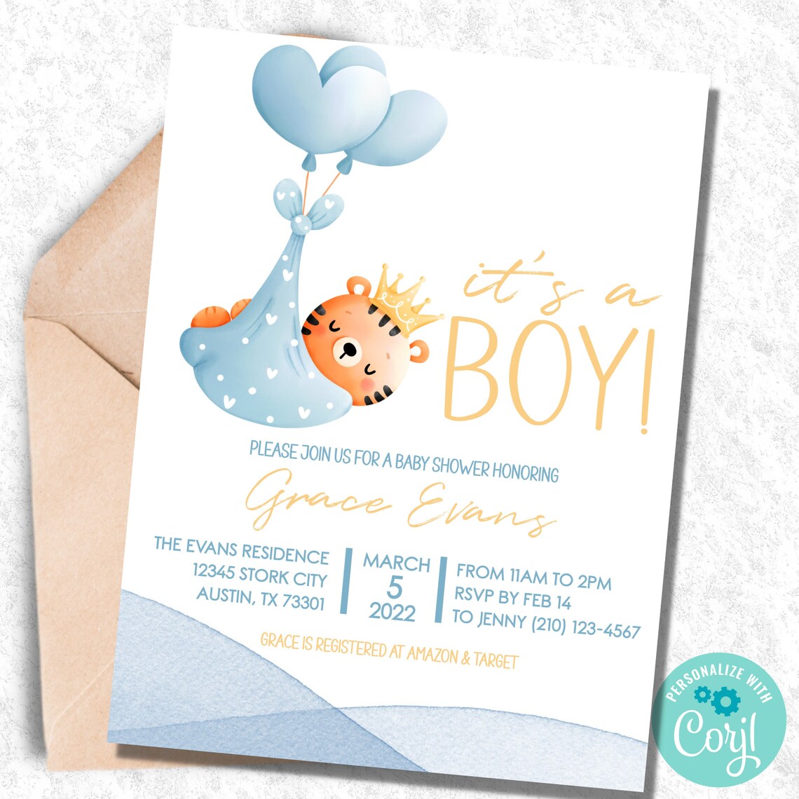 Boy Tiger Baby Shower Invitations Watercolor Editable Etsy