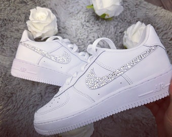 Customised Crystal Air Force 1 in White Blinged out Nike Swooshes, Silver Crystals and White Pearls, Perfect Wedding Shoes, Trainers