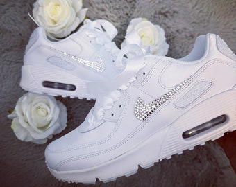 Kundenspezifische Crystal Air Max 90er Jahre in Weiß Blinged Swooshes