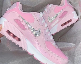 Nike Air Max 90 Pink Sneakers Blinged Out With Authentic Clear Crystals Custom Bling Nike Shoes Pink