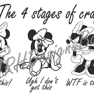 May include: Black and white illustration of four stages of crafting, featuring a cartoon mouse character in different poses. The text reads "The 4 stages of crafting... I got this! Ugh I don't got this WTF is this? Yay! Look what I made!"