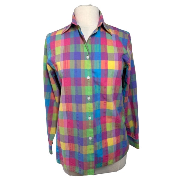 Foxcroft Women's Rainbow Multicolor Plaid Button-Up Casual Cotton Shirt