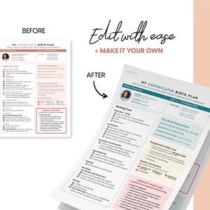 May include: A printable birth plan template with a photo of a woman and the text "My Unmedicated Birth Plan" in a teal and pink color scheme. The template includes sections for birthing time, past birth expectations, postpartum baby care, and emergency procedures.