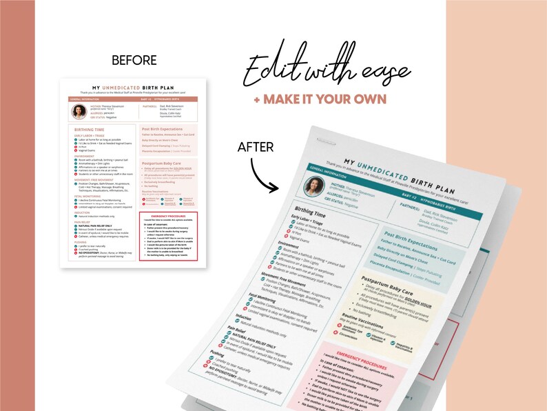 May include: A printable birth plan template with a photo of a woman and the text "My Unmedicated Birth Plan" in a teal and pink color scheme. The template includes sections for birthing time, past birth expectations, postpartum baby care, and emergency procedures.