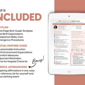 May include: A digital printable birth plan guide for an unmedicated birth. The guide includes a one-page birth guide template, post-birth expectations, postpartum baby care, emergency procedures, essential partner guide, customizable instructions, birth environment expectations, comfort measures, important reminders, time for hospital checklist, and powerful affirmations.